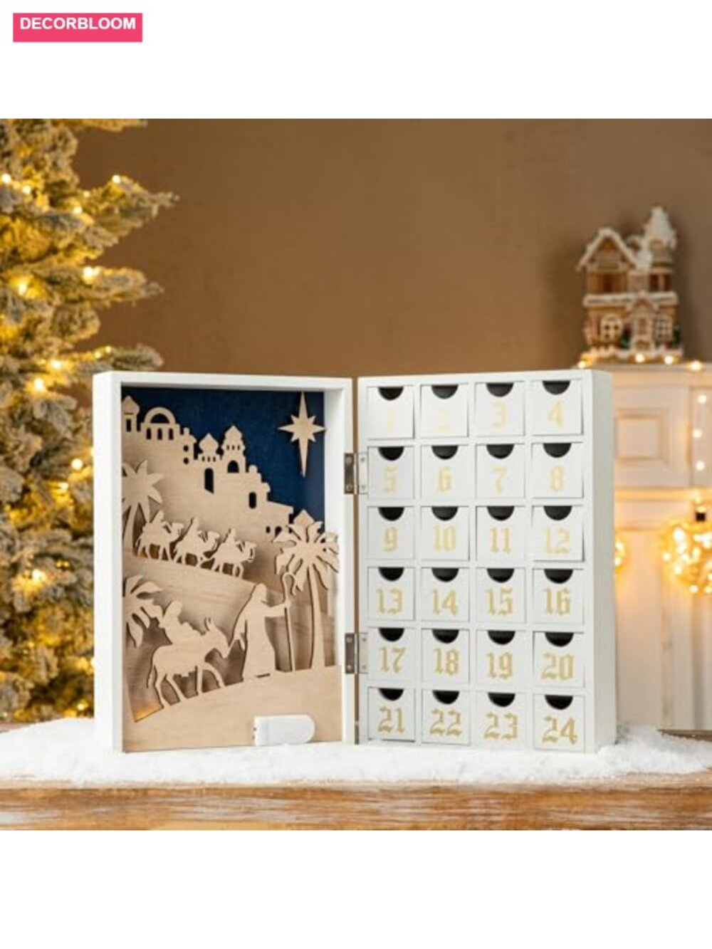 Wooden Christmas Advent Calendar Book with LEDs 24 Drawers Countdown
